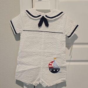 Petit Ami White and Navy Sailboat One Piece